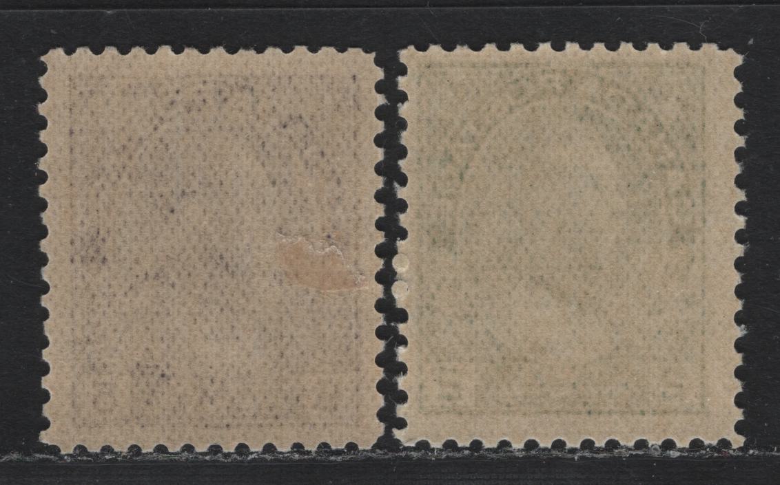 Lot 23 Canada (C) #107a, 112a 2c - 5c Deep Green - Milky Violet , 1911-1924 KGV Admiral Issue, 2 FNH/VFOG Singles, Wet Printings, ABN-AA Paper, 2c Has Retouched Frameline & Perf 11.8x11.9, 5c Has Weakly Retouched Frameline, Perf 11.9.