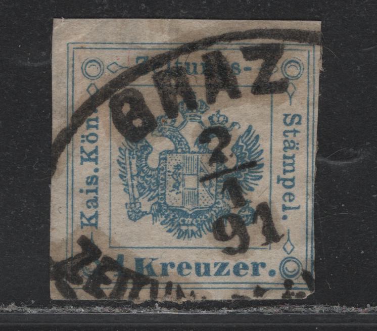 Lot 232 Austria Scott#PR5a 1kr Pale Ultramarine , 1877 Newspaper Tax Issue, A Fine Used Single, Oval Braz Railway Station P.O Handstamp Dated January 2 1891