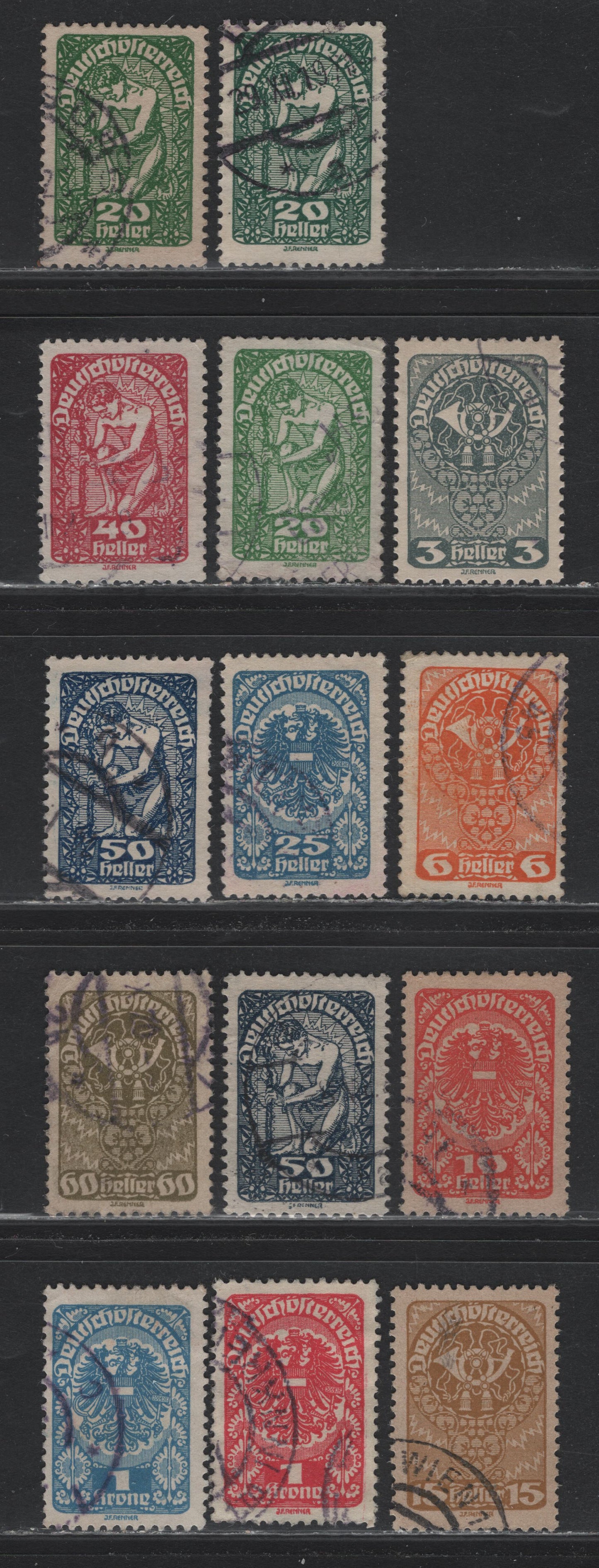 Lot 234 Austria Scott#200-203, 205a, 207a, 208-a, 209, 212, 215-218 3h - 1kr Gray - Light Blue , 1918-1920 Posthorn, Arms & Allegory Issue, 14 Fine/Very Fine Used Singles
