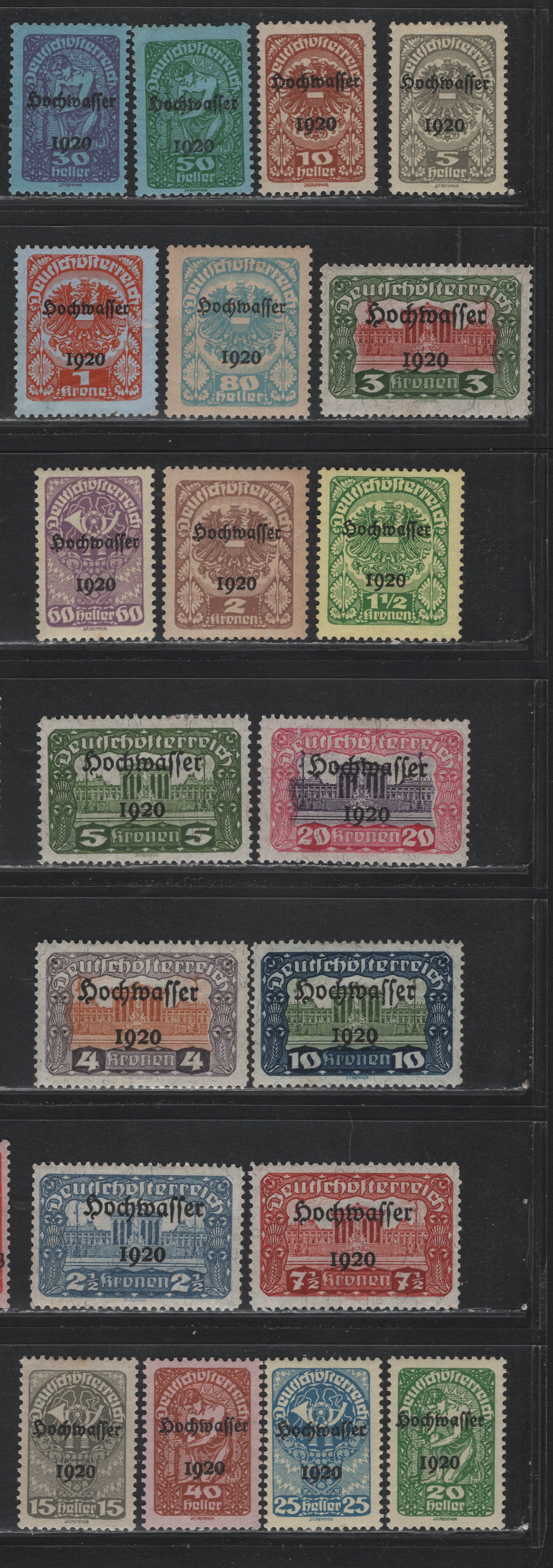 Lot 237A Austria Scott#B30-B49 5h - 20k Gray on Yellow - Carmine Rose & Violet , 1921 Flood Victims Semi Postal Issue, 20 F/VFOG & Unused Singles, 1k Has No Gum