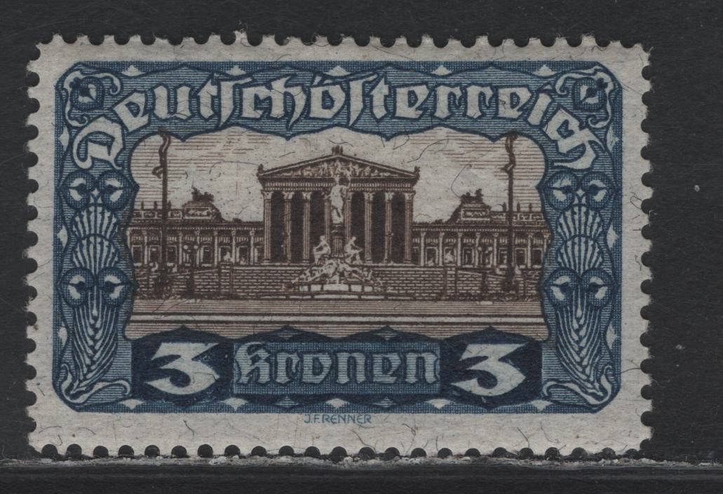 Lot 239 Austria Scott#221var 3kr Blue & Black Brown , 1919-1921 Parliament Building Issue, A VFOG Single, Scarcer Dry Printing, Measuring 34mm Across Versus 33.5mm For Common Wet Printing