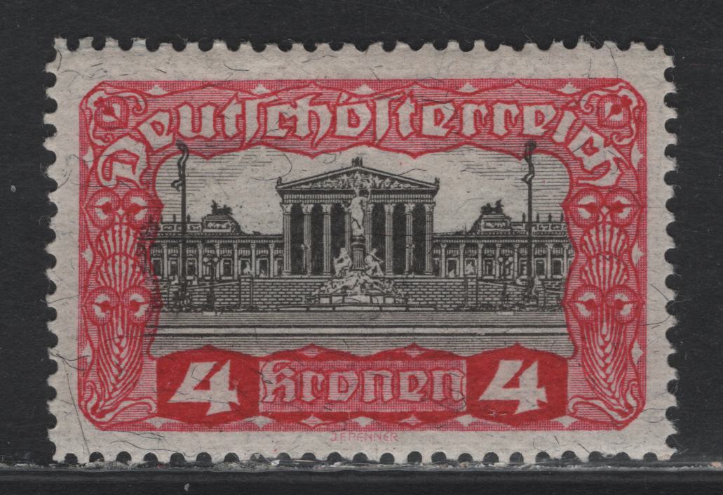Lot 240 Austria Scott#222var 4k Carmine & Black , 1919-1921 Parliament Building Issue, A VFOG Single, Scarcer Dry Printing, Measuring 34mm Across Versus 33.5mm For Common Wet Printing