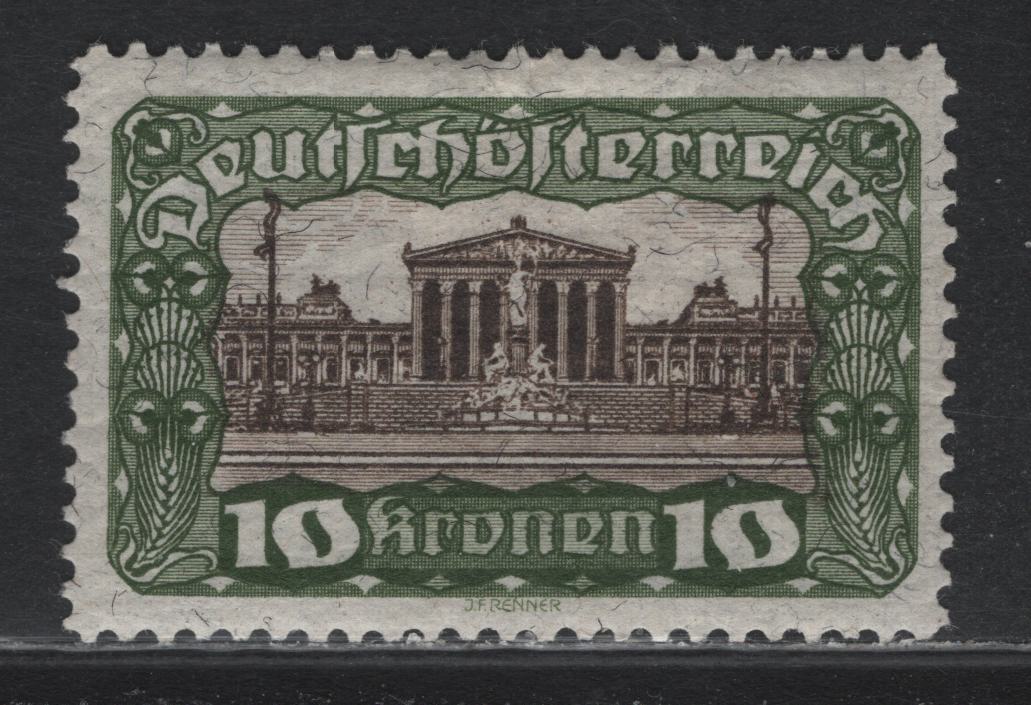 Lot 241 Austria Scott#225bar 10k Olive Green & Black Brown , 1919-1921 Parliament Building Issue, A VFOG Single, Scarcer Dry Printing, Measuring 34mm Across Versus 33.5mm For Common Wet Printing