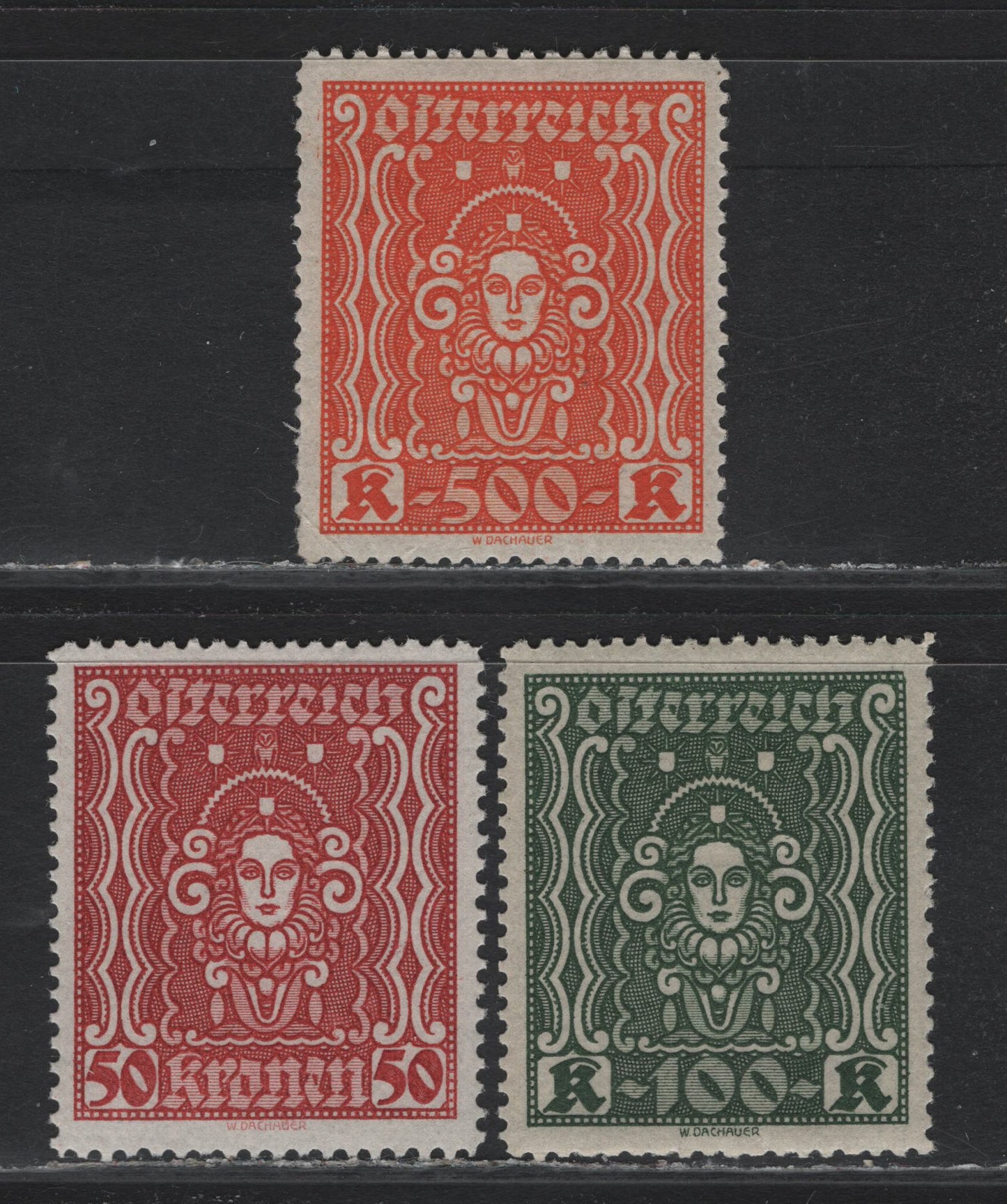 Lot 245 Austria Scott#290-291, 293a 50k - 500k Brown Red - Deep Orange , 1922-1924 Hyperinflation Issue, 3 VFOG Singles, Dry Printings, 26x29mm
