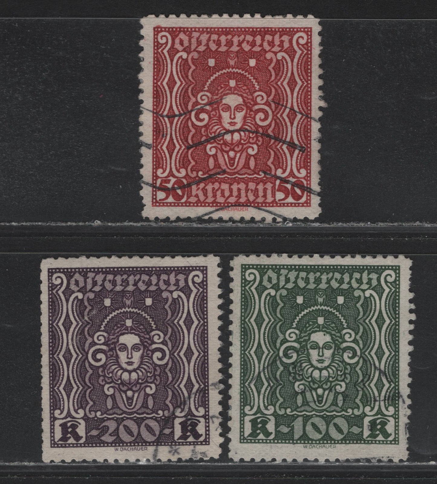 Lot 246 Austria Scott#290a-292a 50k - 200kr Brown Red - Dark Violet , 1922-1924 Symbols of Art & Science Issue, 3 Fine/Very Fine Used Singles, Dry Printings Measuring 26x29mm