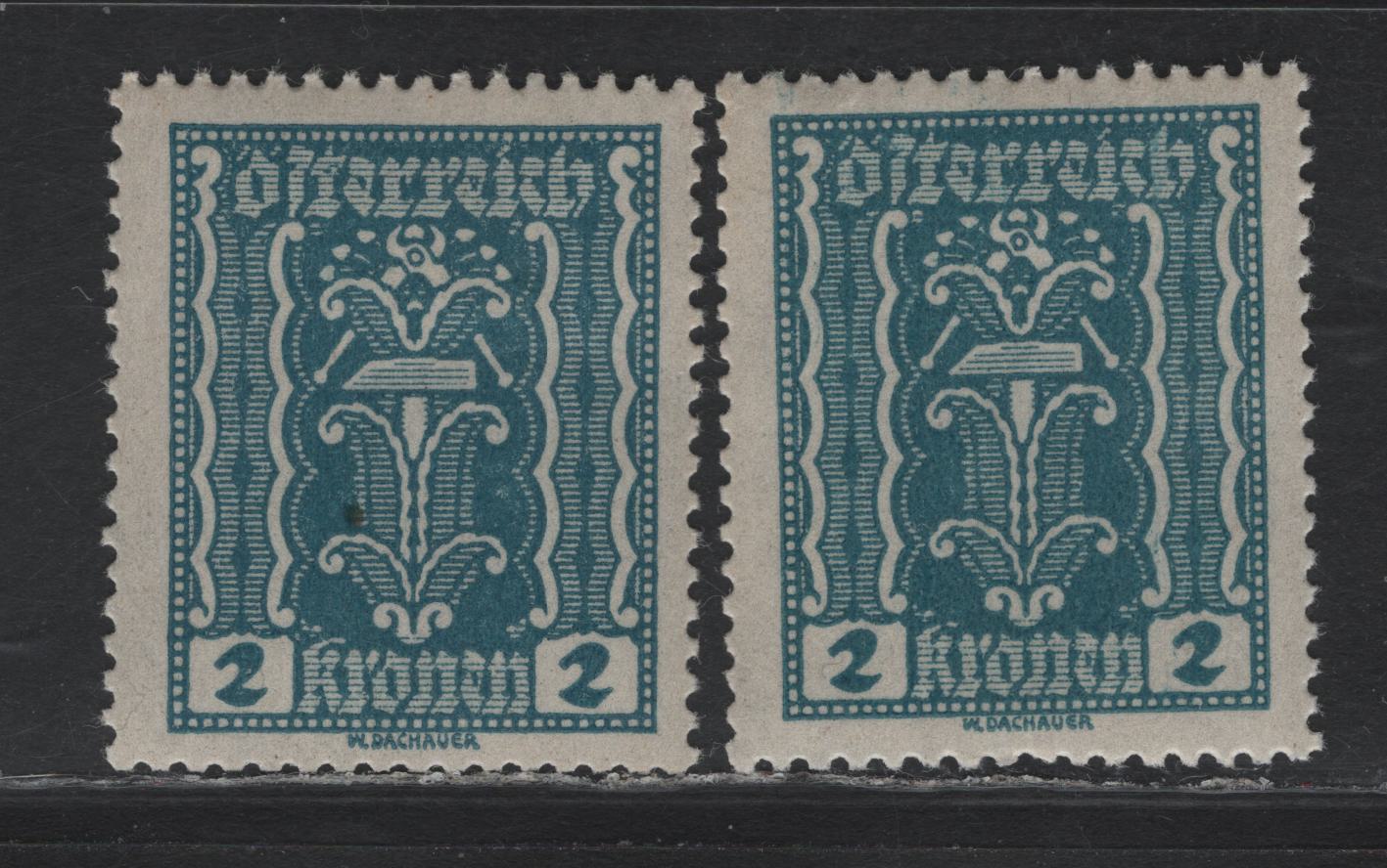 Lot 250 Austria Scott#252, 252var 2kr Cobalt Blue , 1922-1924 Hyperinflation Issue, 2 VFOG Singles, Cormal Compound Perf 12.5 & Scarcer Compound Line Perf 12.5x12.75