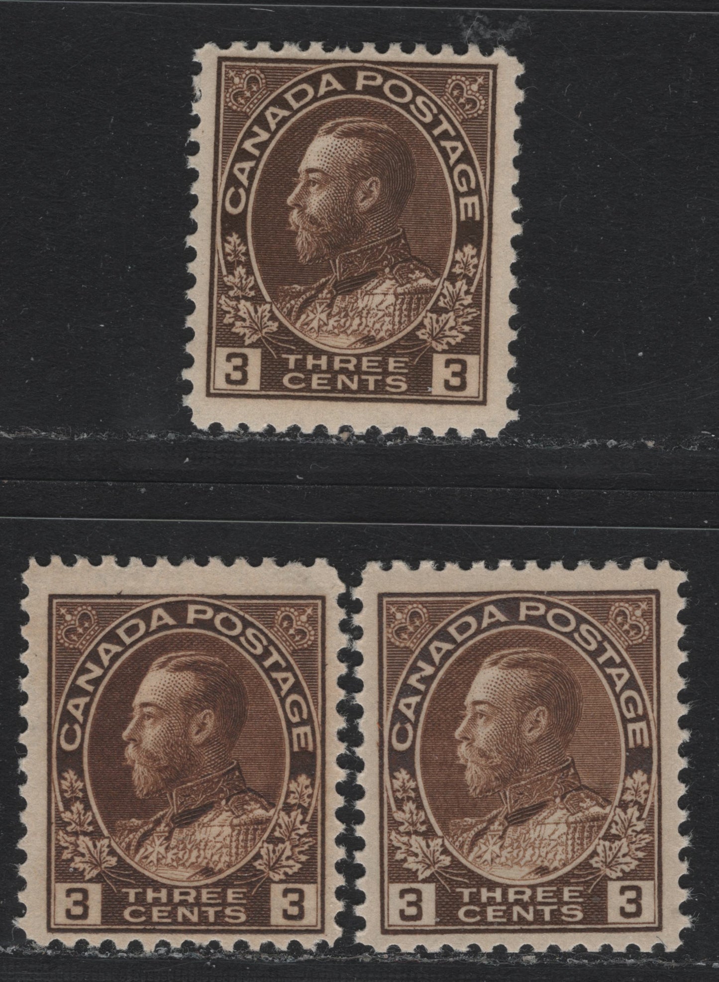 Lot 25 Canada (C) #108, 108b, 108ii 3c Brown - Dark Yellow Brown , 1911-1924 KGV Admiral Issue, 3 FNH Singles, ABN-E & ABN-B Papers, Perfs 11.9, 11.9x11.8 & 12.1x11.9, Retouched Framelines & Weakly Touched Frameline (Dark Yellow Brown).