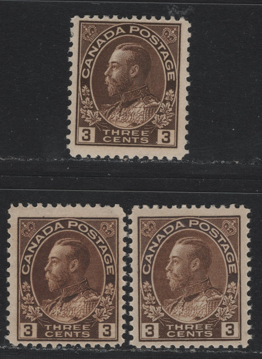 Lot 25 Canada (C) #108, 108b, 108ii 3c Brown - Dark Yellow Brown , 1911-1924 KGV Admiral Issue, 3 FNH Singles, ABN-E & ABN-B Papers, Perfs 11.9, 11.9x11.8 & 12.1x11.9, Retouched Framelines & Weakly Touched Frameline (Dark Yellow Brown).