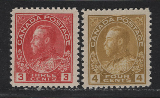 Lot 26 Canada (C) #109 3c - 4c Light Carmine Red - Olive Yellow , 1911-1924 KGV Admiral Issue, 2 FNH Singles, Dry Printings, ABN-J(3c) & ABN-M (4c) Papers, Die 1, Perf 11.9x11.8.