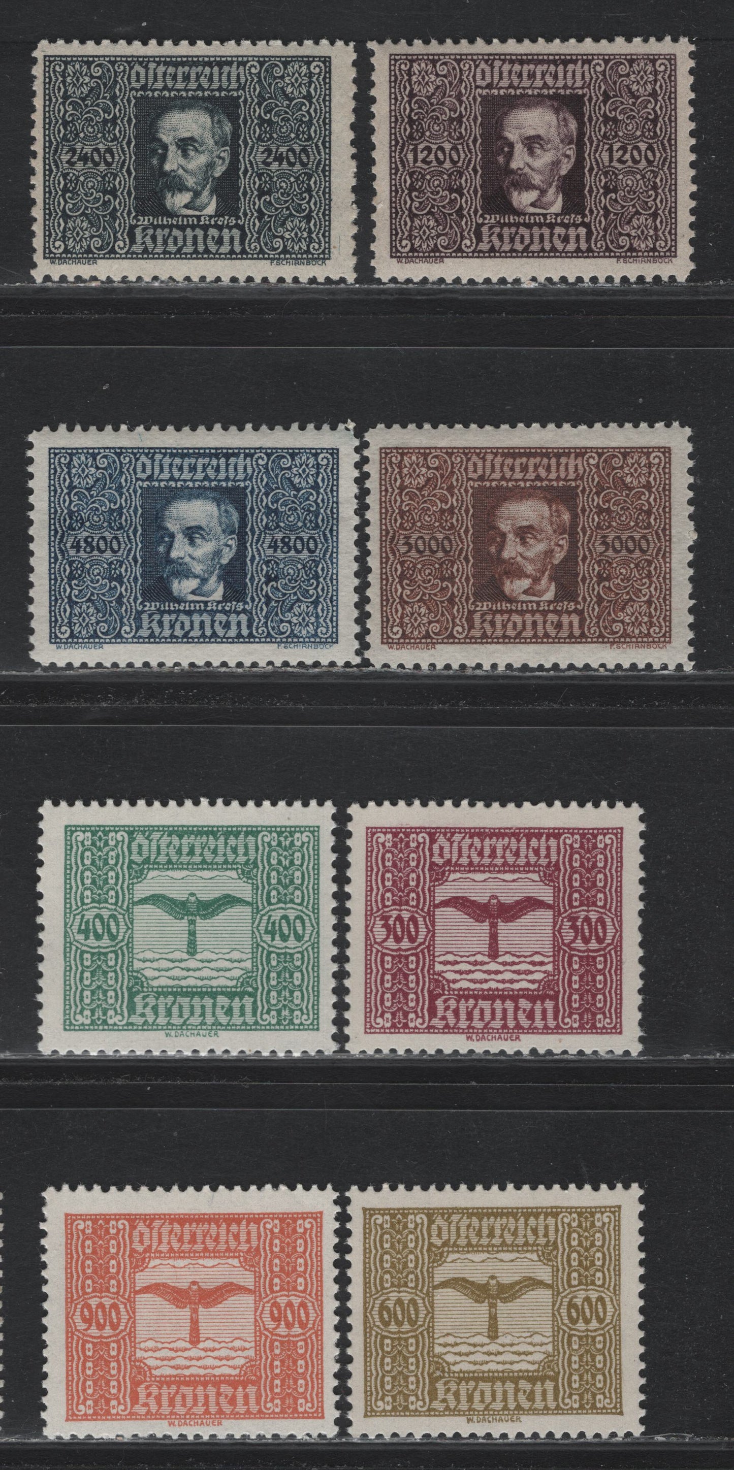 Lot 263 Austria Scott#C4-C11 300k -4800k Claret - Dark Blue , 1922-1924 Airmail Issue, 8 F/VFNH Singles