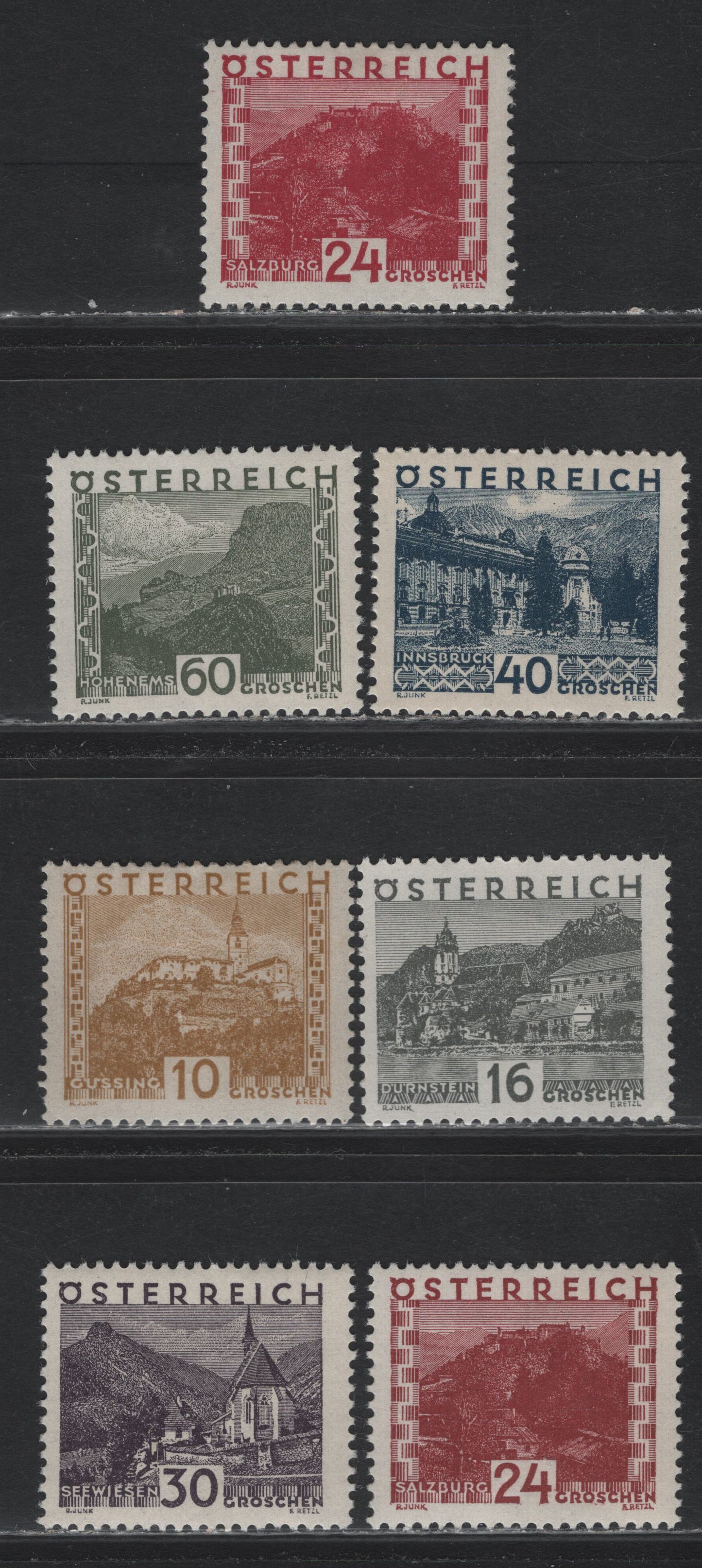 Lot 267 Austria Scott#327, 329, 332-335, 337 10g - 60g Bistre - Olive Green , 1929-1930 Large Format Pictorial Issue, 7 F/VFOG Singles