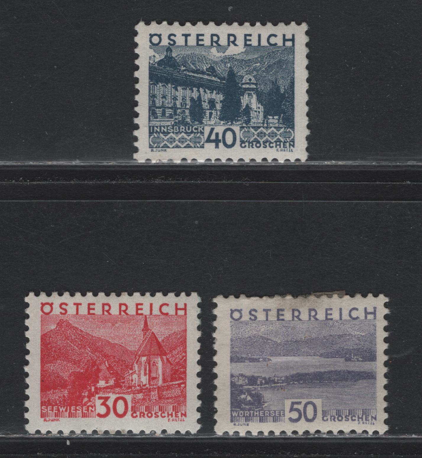 Lot 269 Austria Scott#347, 348, 350 30g - 50g Carmine Rose - Gray Violet , 1932 Small Format Pictorial Issue, 3 F/VFOG Singles