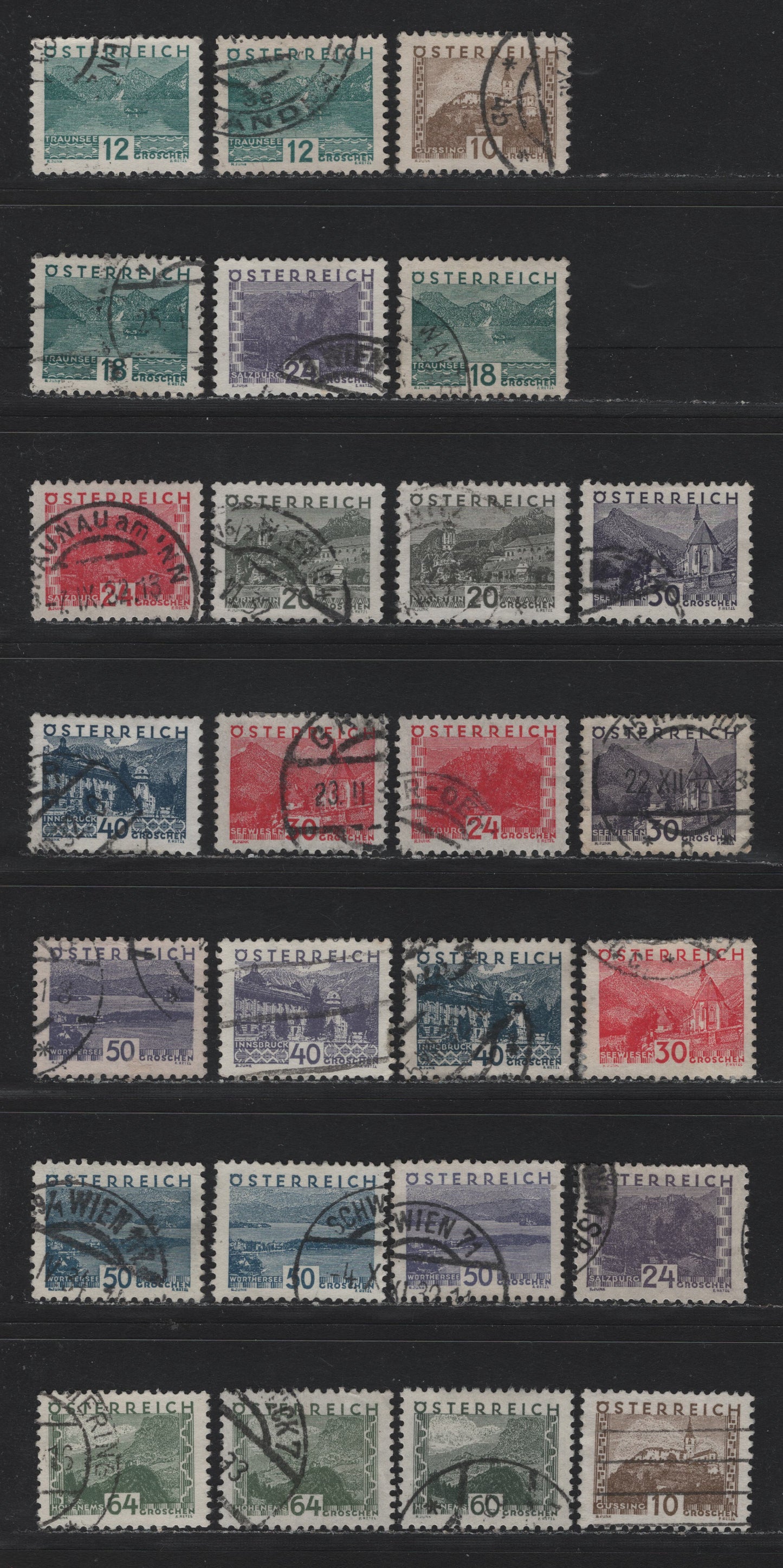 Lot 270 Austria (C) Scott#340-353 10g - 64g Olive Brown - Gray Green , 1932 Small Format Pictorial Issue, 26 Very Fine Used Singles, Shade Varieties Of Several Values