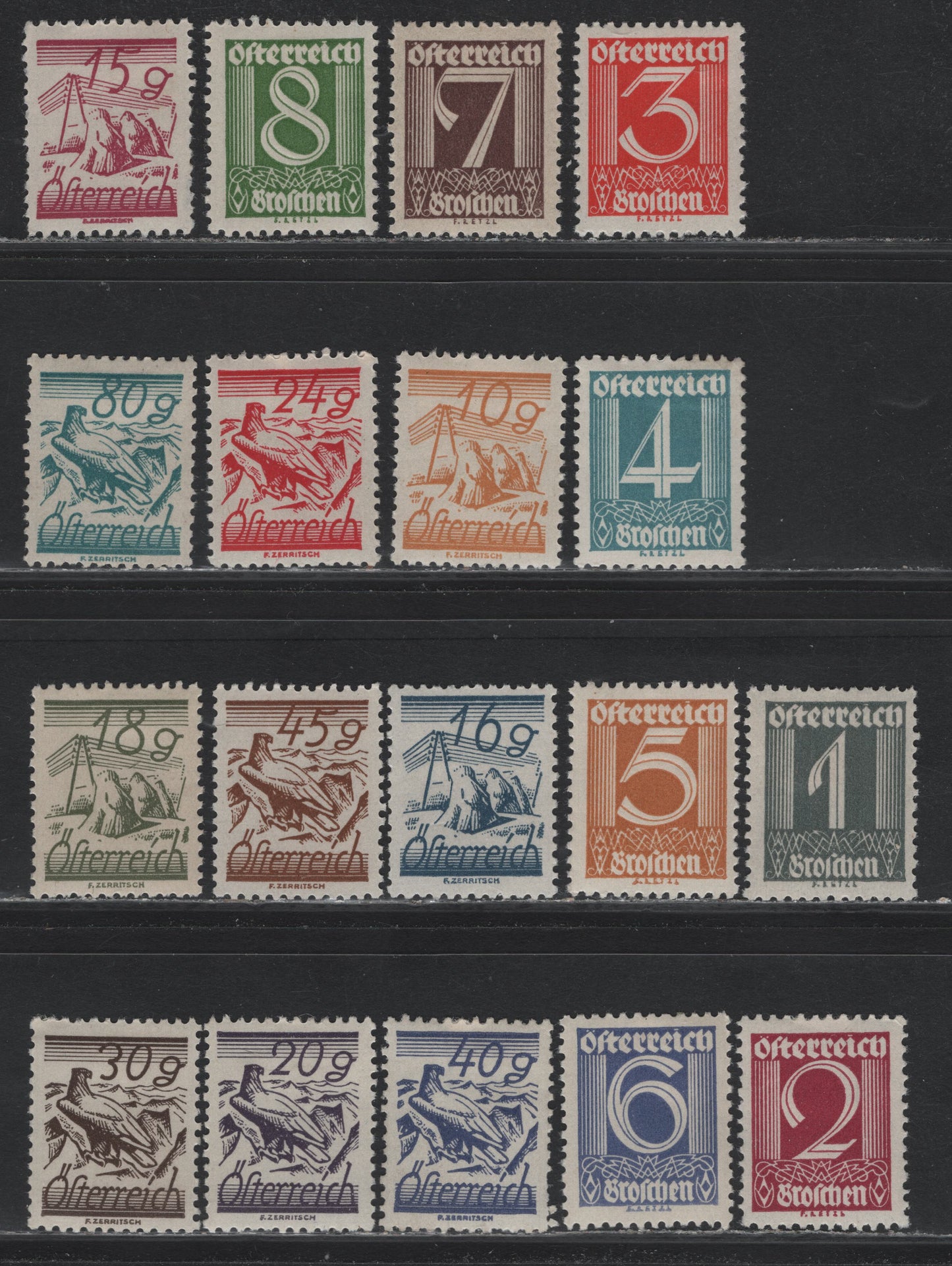 Lot 274 Austria Scott#303-320, 322 1g - 80g Dark Gray - Turquoise Blue , 1925-1932 First Shilling Issue, 18 VFOG Singles