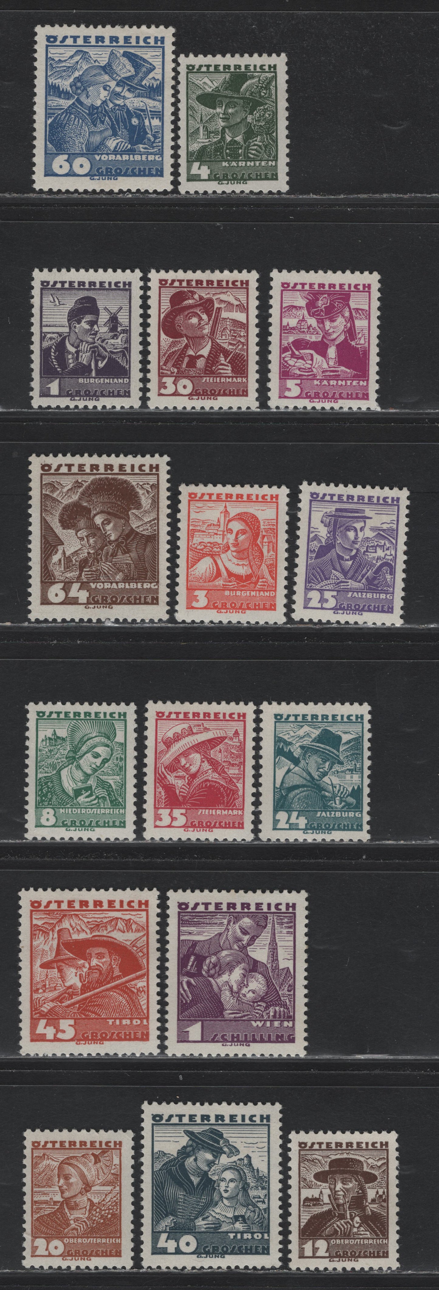 Lot 276 Austria Scott#354-357, 359-370 1g - 1s Dark Violet - Deep Violet , 1934-1935 Costumes Issue, 16 F/VFOG Singles