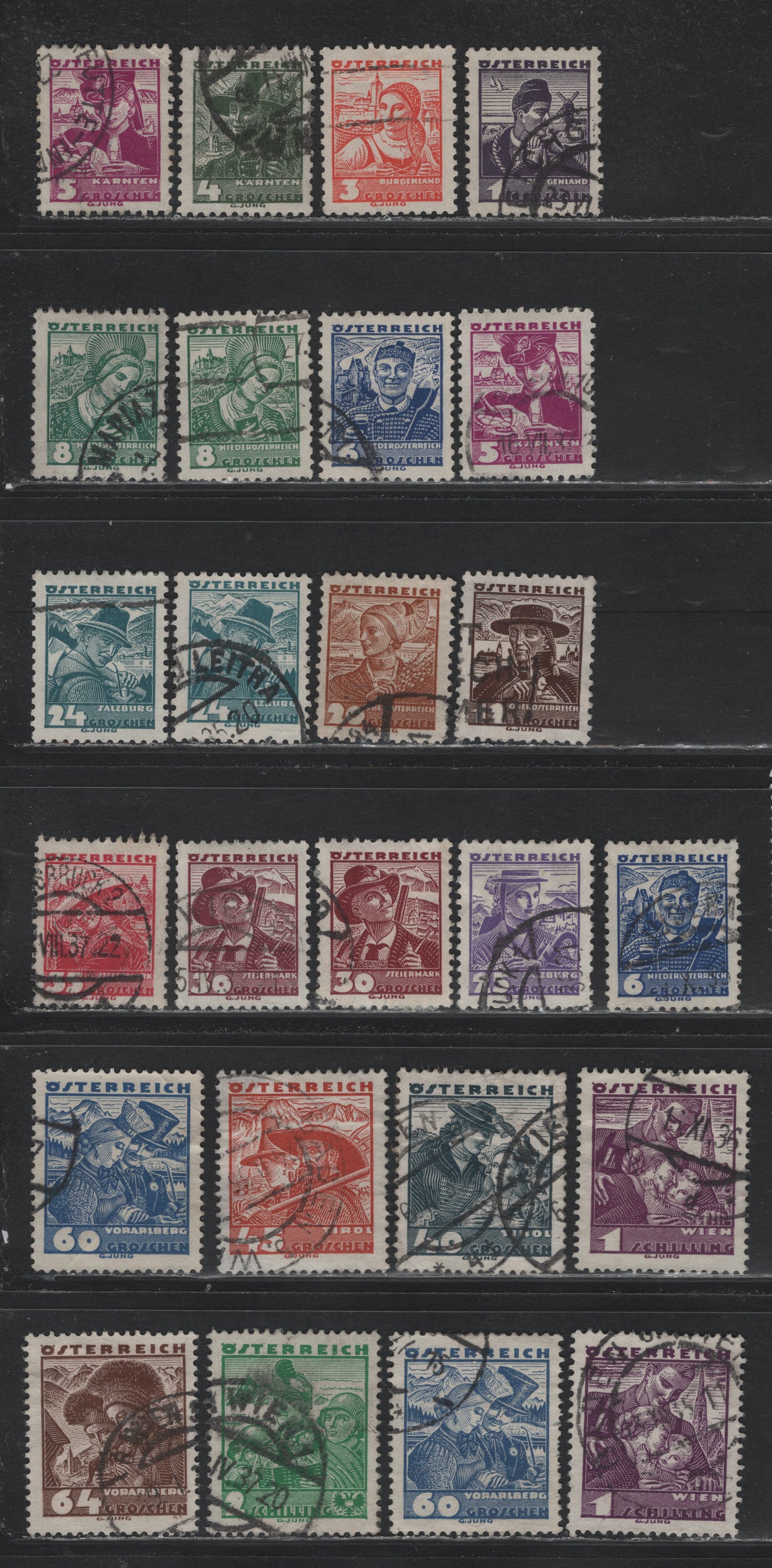 Lot 277 Austria (C) Scott#354-370, 372-373 1g - 2s Deep Violet - Emerald , 1934-1935 Costumes Issue, 25 Fine/Very Fine Used Singles, Shade Variations On 5g, 8g, 24g, 30g, 60g, 1s 7 Redrawn 6g & 2s
