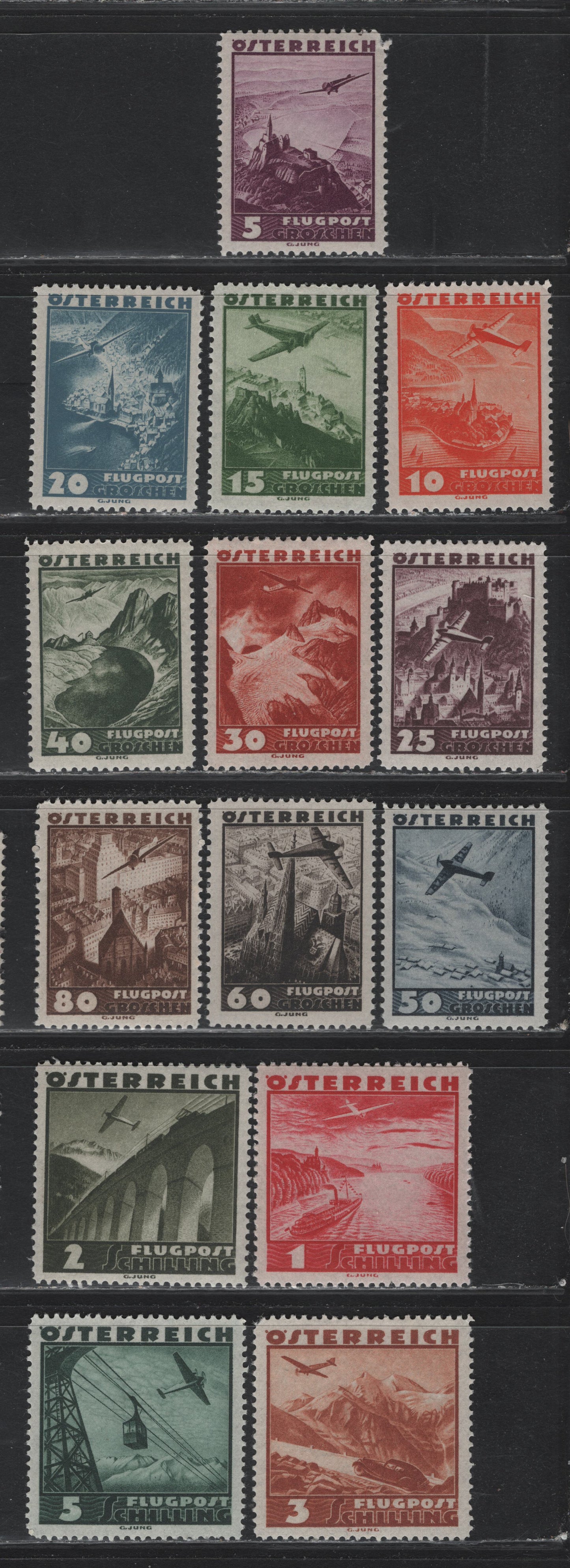 Lot 278 Austria Scott#C32-C45 5g - 5s Rose Violet - Dark Green , 1935 Airmail Issue, 14 VFOG/NH Singles, 40g, 80g & 1s Are NH