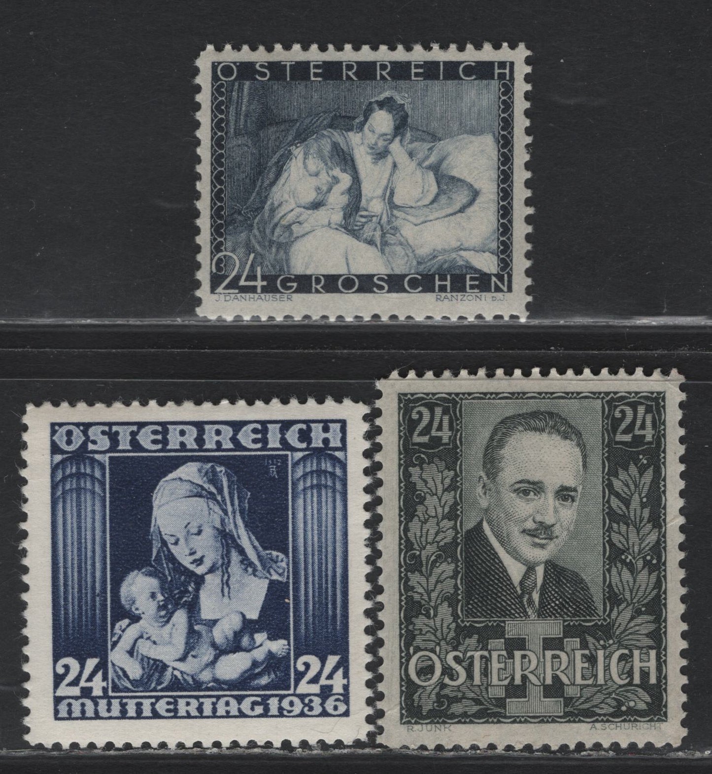 Lot 280 Austria Scott#374, 376-377 24g Greenish Black - Violet Blue , 1934-1936 Dolfuss - Mothers Day Issues, 3 VFNH Singles