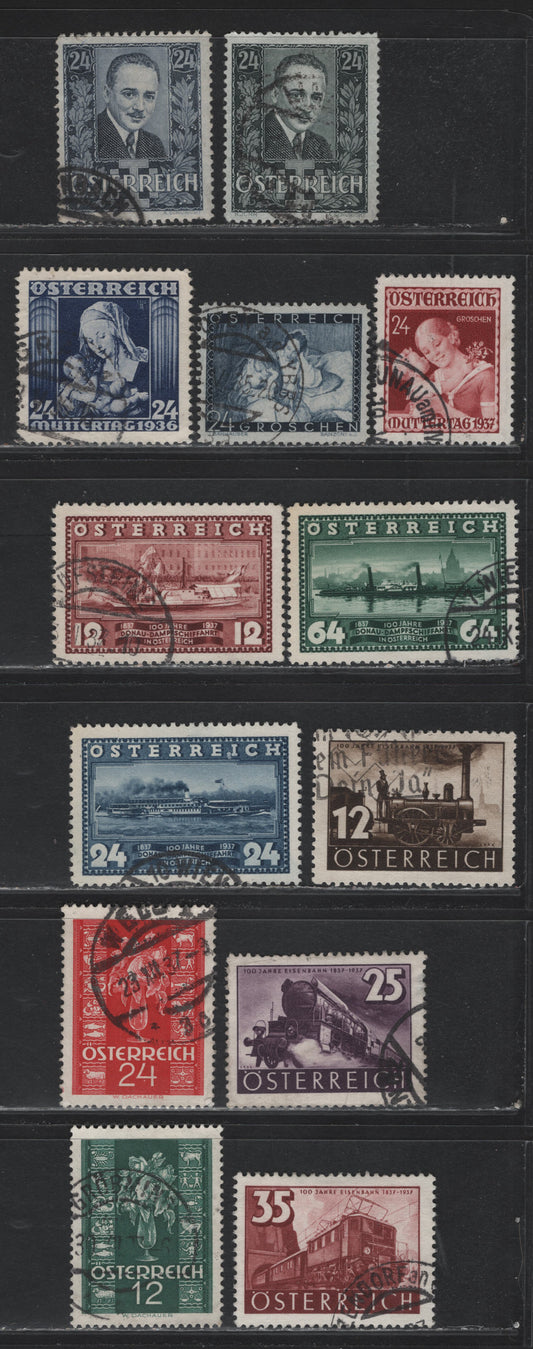Lot 281 Austria Scott#374-377, 381-389 24g Greenish Black - Carmine , 1934-1937 Dolfuss - Rose & Zodiac Issues, 13 Very Fine Used Singles, Postally Used