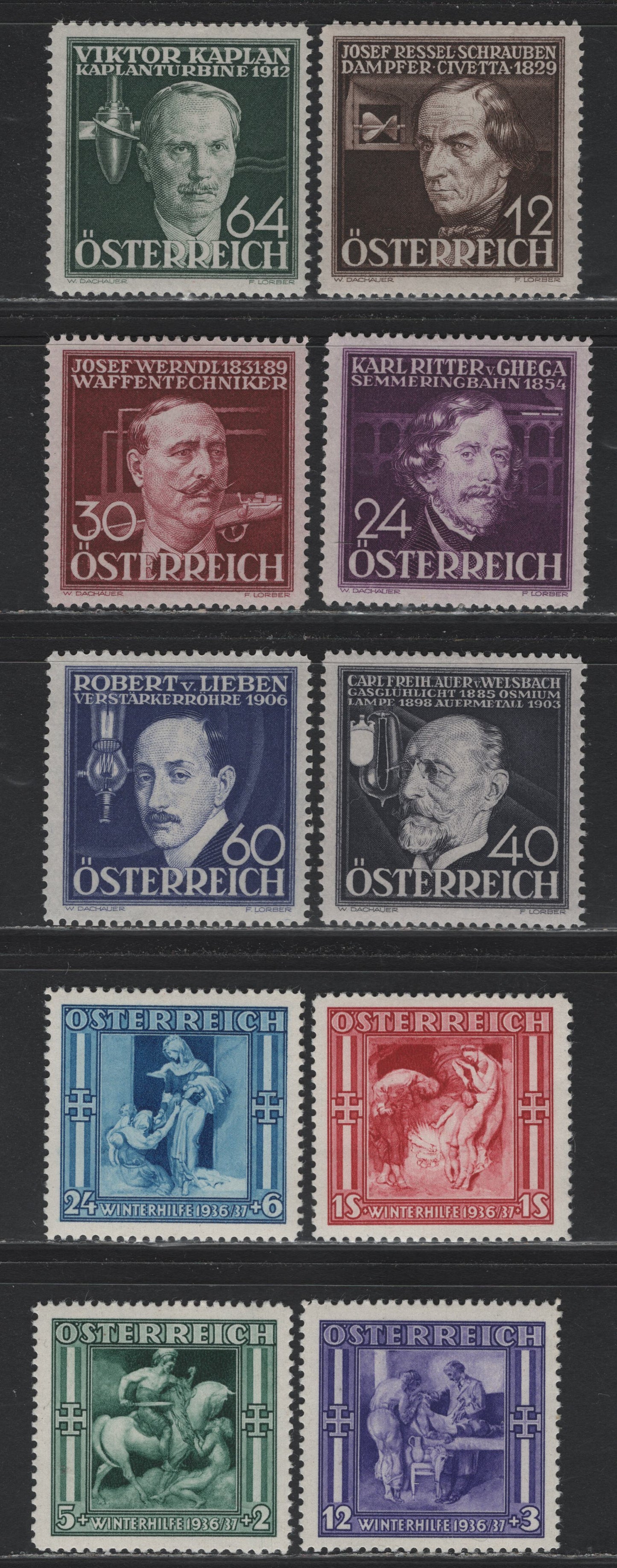 Lot 282 Austria Scott#B142-B151 5+2g - 64g Deep Green - Dark Slate Green , 1936 Winterhelp & Inventors Issue, 10 VFOG Singles