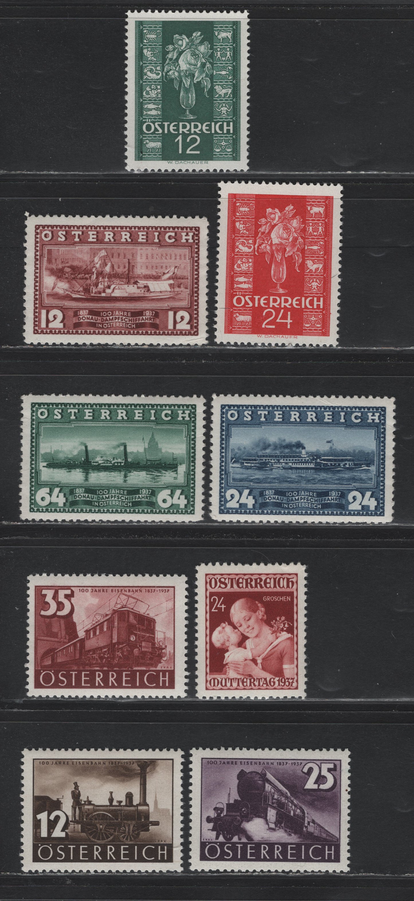 Lot 284 Austria Scott#381-389 24g Henna Brown - Carmine , 1937 Mothers Day - Rose & Zodiac Issues, 9 F/VFNH Singles, Small Corner Crease On 382