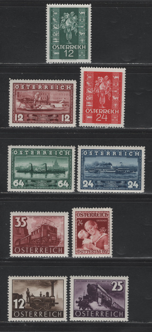 Lot 284 Austria Scott#381-389 24g Henna Brown - Carmine , 1937 Mothers Day - Rose & Zodiac Issues, 9 F/VFNH Singles, Small Corner Crease On 382