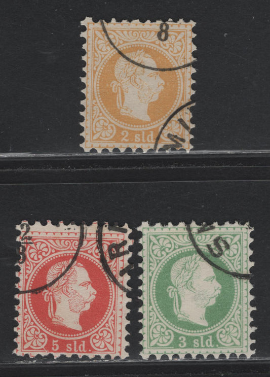 Lot 285 Austria Scott#7C-E 2sld - 5sld Yellow - Red , 1875-1883 Franz Josef Issue, 3 Fine/Very Fine Used Singles, Cancels Look Fake - Too Dark