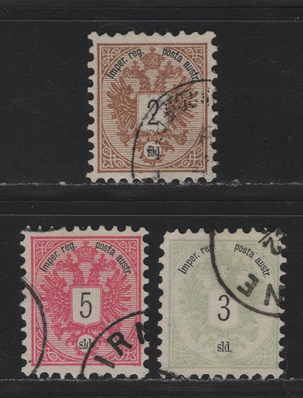 Lot 288 Austria - Offices In Turkish Empire Scott#8-10 2sld - 5sld Brown - Rose , 1883 Arms Issue, 3 Fine/Very Fine Used Singles, Cancels Look Forged Or Otherwise Questionable, The 2sld is Watermarked
