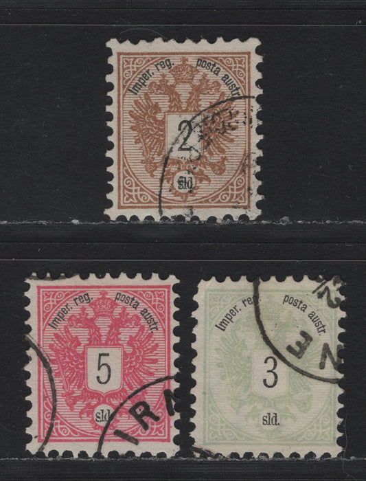 Lot 288 Austria - Offices In Turkish Empire Scott#8-10 2sld - 5sld Brown - Rose , 1883 Arms Issue, 3 Fine/Very Fine Used Singles, Cancels Look Forged Or Otherwise Questionable, The 2sld is Watermarked