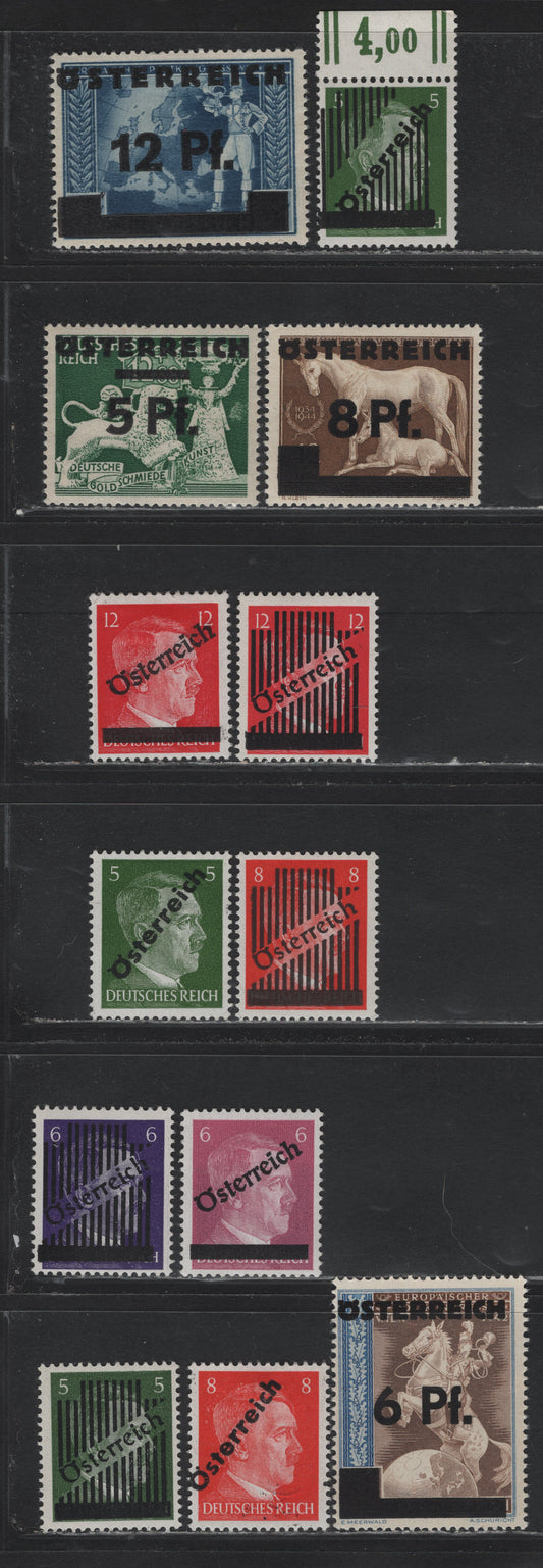 Lot 289 Austria (C) Scott#390-402 5pf - 12pf Deep Yellow Green - Carmine , 1945 Overprinted Semi Postals - Hitler Heads Issues, 13 F/VFNH/OG Singles, All NH Except 390-394