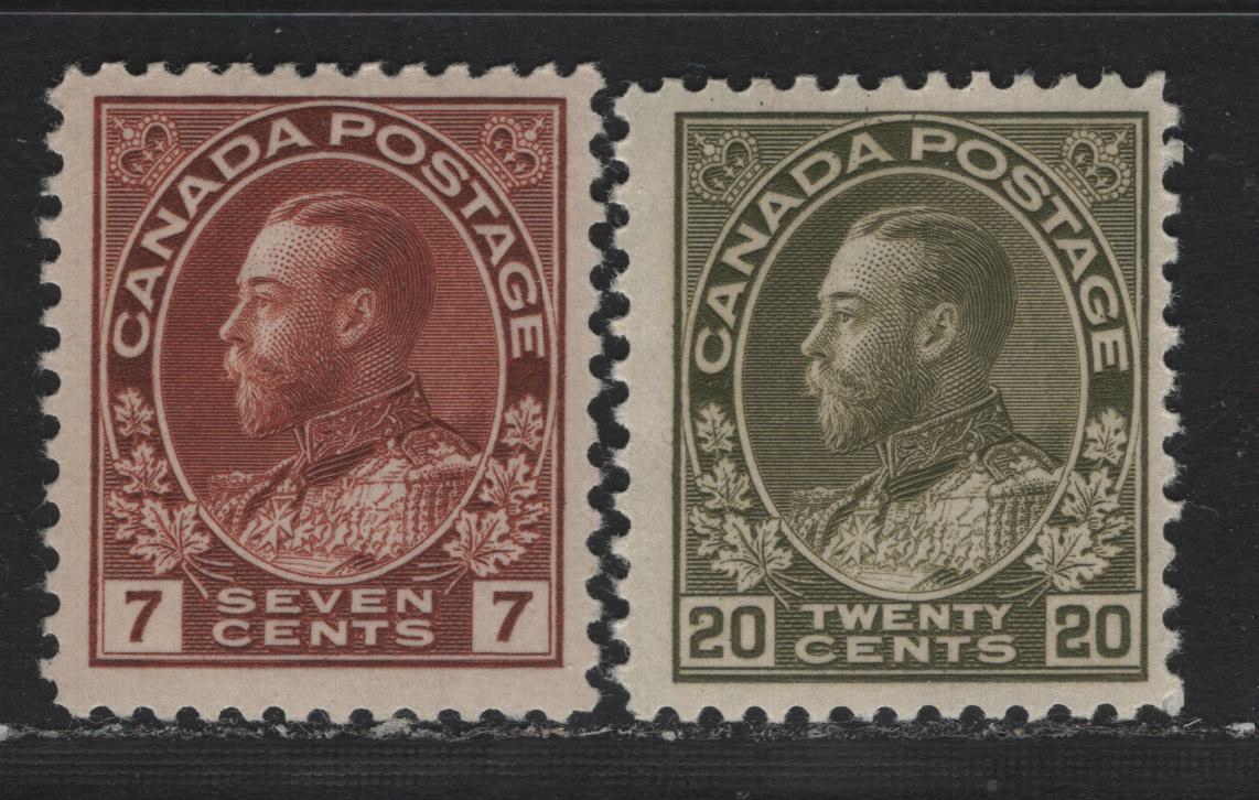 Lot 29 Canada (C) #114, 119iv 7c - 20c Red Brown - Grayish Yellowish Olive Green , 1911-1924 KGV Admiral Issue, 2 FOG Singles, Dry Printings, Weakly Retouched(7c) & Re-Drawn (20c) Framelines, ABN-RRR & ABN-M Papers, Perfs 12x11.8 & 11.9.