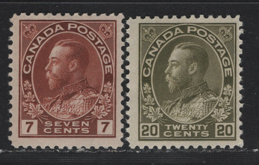 Lot 29 Canada (C) #114, 119iv 7c - 20c Red Brown - Grayish Yellowish Olive Green , 1911-1924 KGV Admiral Issue, 2 FOG Singles, Dry Printings, Weakly Retouched(7c) & Re-Drawn (20c) Framelines, ABN-RRR & ABN-M Papers, Perfs 12x11.8 & 11.9.
