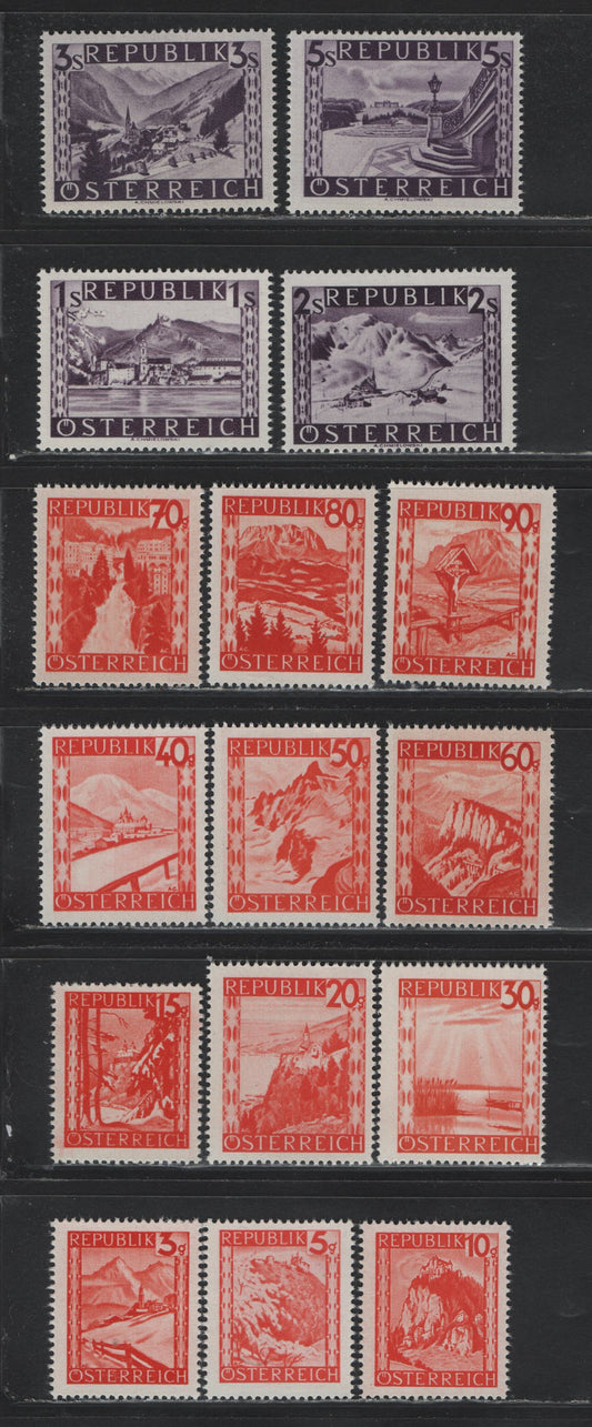 Lot 295 Austria (C) Scott#500-515 3g - 2s Red - Violet , 1947-1948 Scenic Definitve Re-Issues, 16 F/VFNH Singles