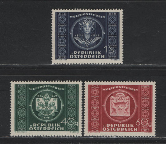 Lot 297 Austria Scott#565-567 40g - 1s Dark Green - Dark Violet Blue , 1949 UPU Issue, 3 VFNH Singles