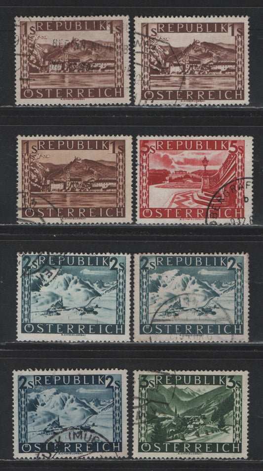 Lot 298 Austria Scott#478-481, 196-197 1s - 2s Dark Red Brown - Dark Blue , 1945-1946 Scenic Definitives, 8 Fine/Very Fine Used Singles, Shade/Screen Variations Of 1s & 2s