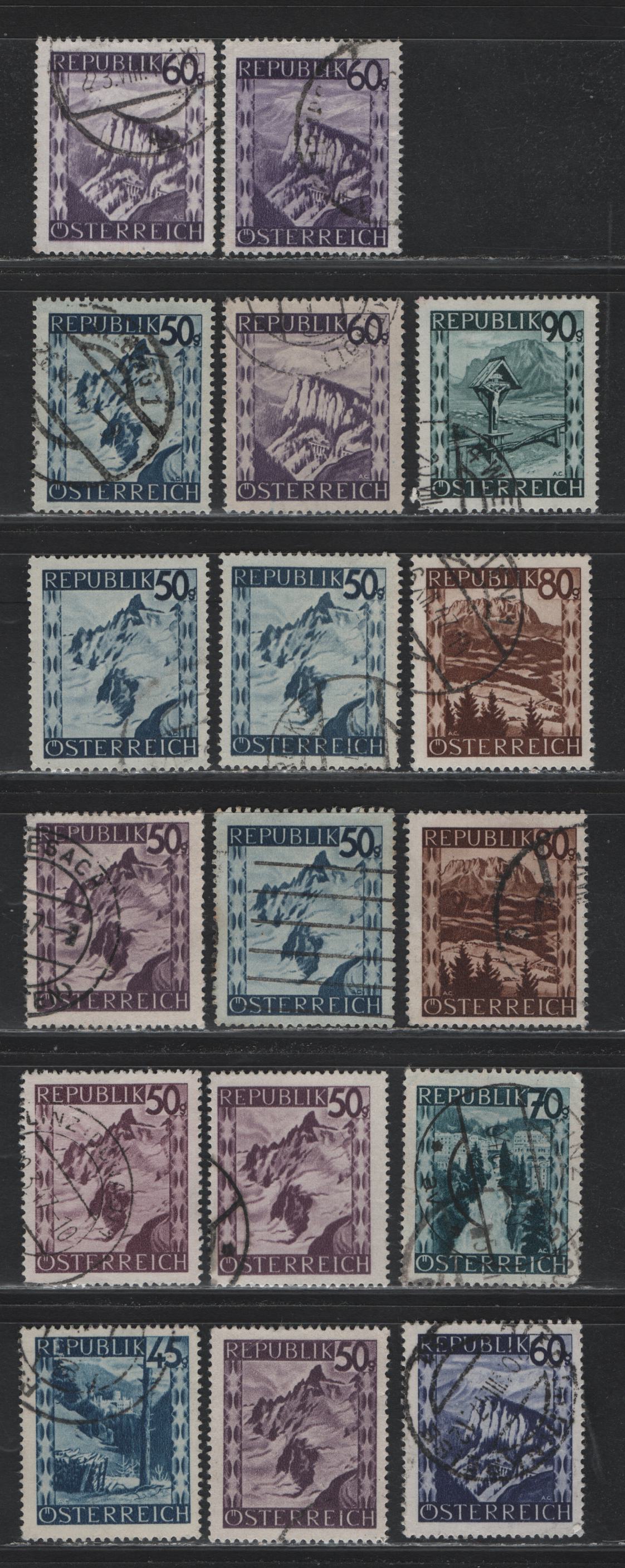 Lot 299 Austria Scott#472-477, 487-488 45g - 60g Dark Blue - Violet Blue , 1945-1947 Scenic Definitives, 17 Fine/Very Fine Used Singles, Shade & Shading Varieties