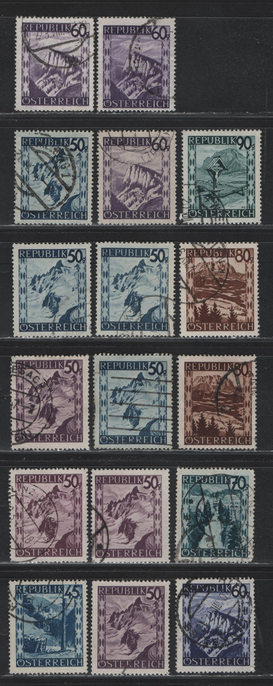 Lot 299 Austria Scott#472-477, 487-488 45g - 60g Dark Blue - Violet Blue , 1945-1947 Scenic Definitives, 17 Fine/Very Fine Used Singles, Shade & Shading Varieties