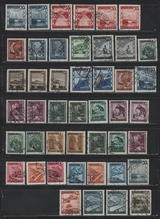 Lot 300 Austria Scott#455-471, 483-486 3g - 30g Sapphire - Blue Gray , 1945-1947 Scenic Definitives, 45 Fine/Very Fine Used Singles, Shade & Shading Varieties