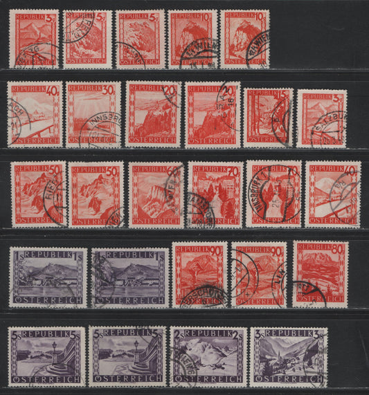 Lot 301 Austria Scott#500-515 3g - 5s Bright Red - Dark Violet , 1947-1948 Scenic Definitives, 26 Fine/Very Fine Used Singles, Shade & Shading Varieties