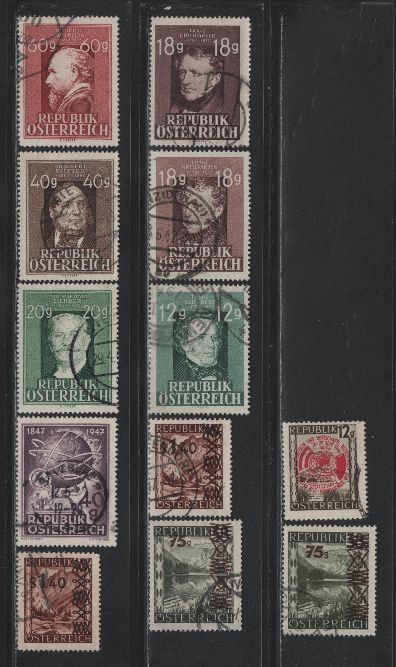 Lot 302 Austria Scott#482, 489-495, 516-517, 519 12g - 60g Dark Brown - Rose Brown , 1946-1949 Society Of Cultural & Economic Relations - Famous Austrians Issues, 12 Fine/Very Fine Used Singles, Two Shades Of 492-293