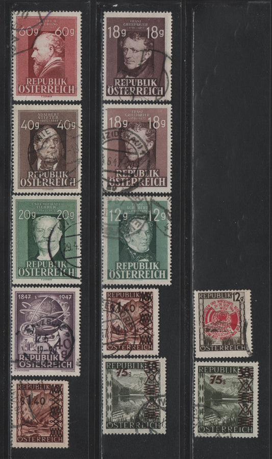 Lot 302 Austria Scott#482, 489-495, 516-517, 519 12g - 60g Dark Brown - Rose Brown , 1946-1949 Society Of Cultural & Economic Relations - Famous Austrians Issues, 12 Fine/Very Fine Used Singles, Two Shades Of 492-293