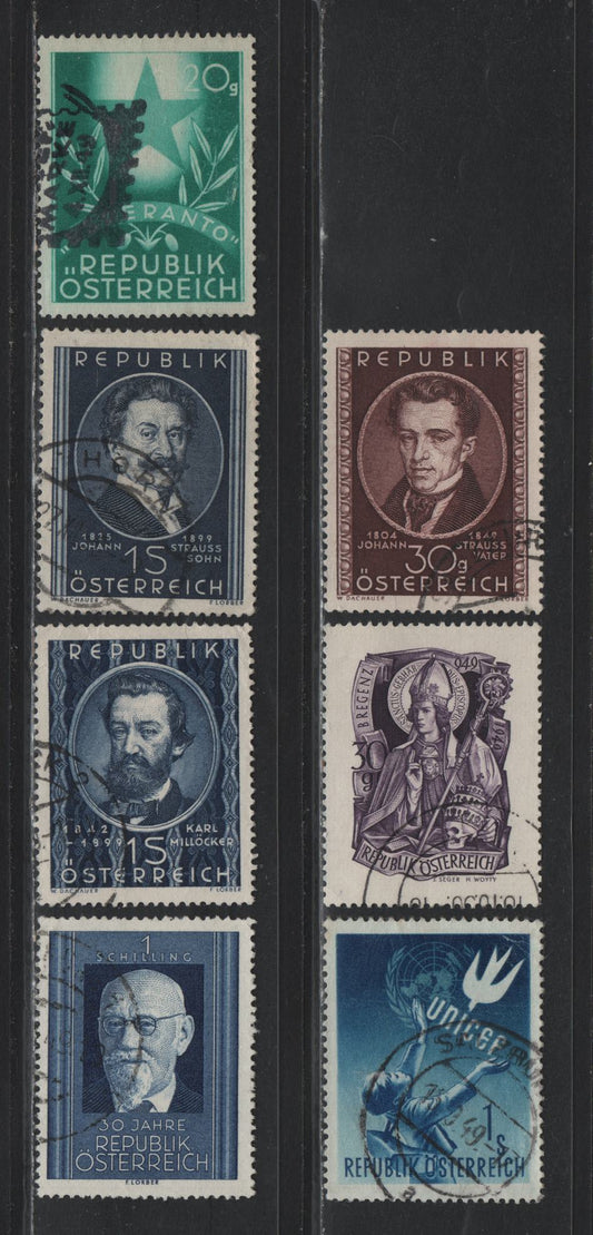 Lot 303 Austria Scott#557, 559-564 1s - 30g Blue - Dark Violet , 1948-1949 Renner - St Gebhard Issue, 7 Very Fine Used Singles