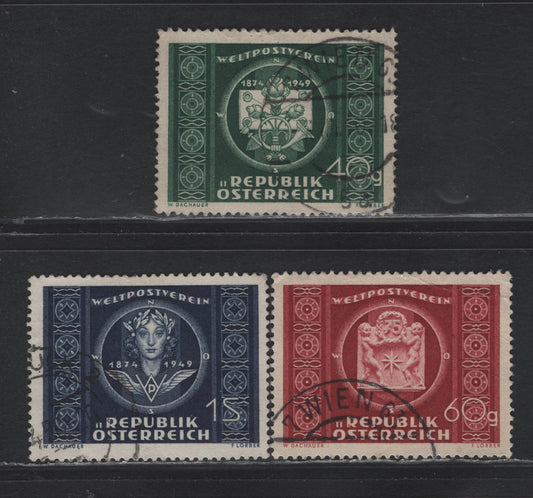 Lot 304 Austria Scott#565-567 40g - 1/- Dark Green - Dark Violet Blue , 1949 UPU Issue, 3 Very Fine Used Singles