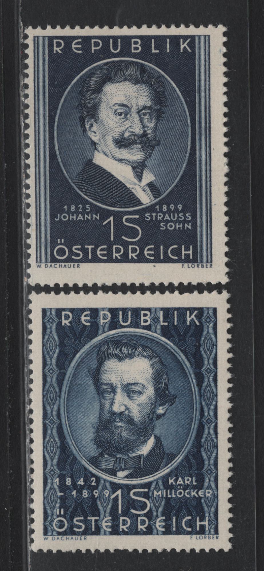 Lot 305 Austria Scott#561-562 1s Dark Blue , 1949 Composers Issue, 2 F/VFNH Singles