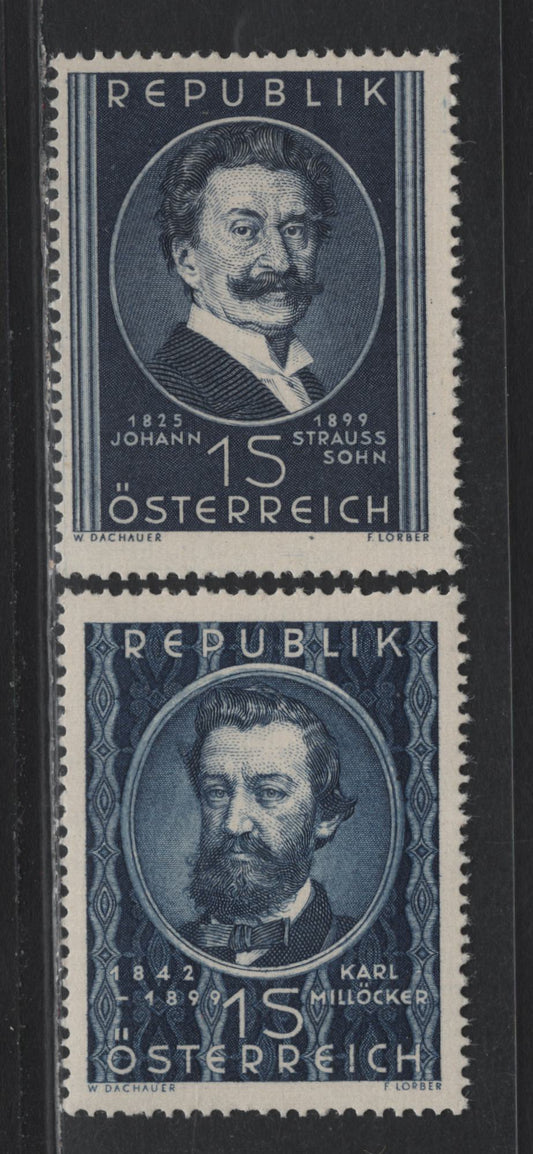 Lot 305 Austria Scott#561-562 1s Dark Blue , 1949 Composers Issue, 2 F/VFNH Singles