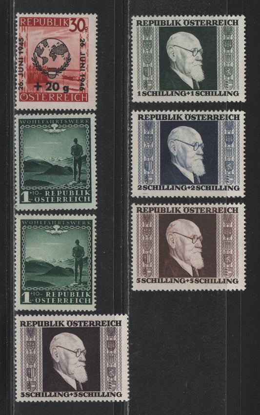 Lot 306 Austria Scott#B165-B170 1s+10s - 5s+5s Dark Green - Dark Violet Brown , 1945-1946 Peace - Renner Issues, 7 F/VFNH Singles, Includes Two Shades of B165