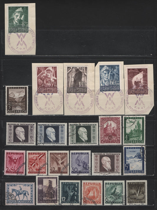 Lot 307 Austria Scott#B167-B178, B202 B207, B210, B218-B222, C50-C52 1s+1s - 5s Dark Slate Green - Dark Blue , 1946-1947 Renner - Airmail Issues, 23 Fine/Very Fine Used Singles