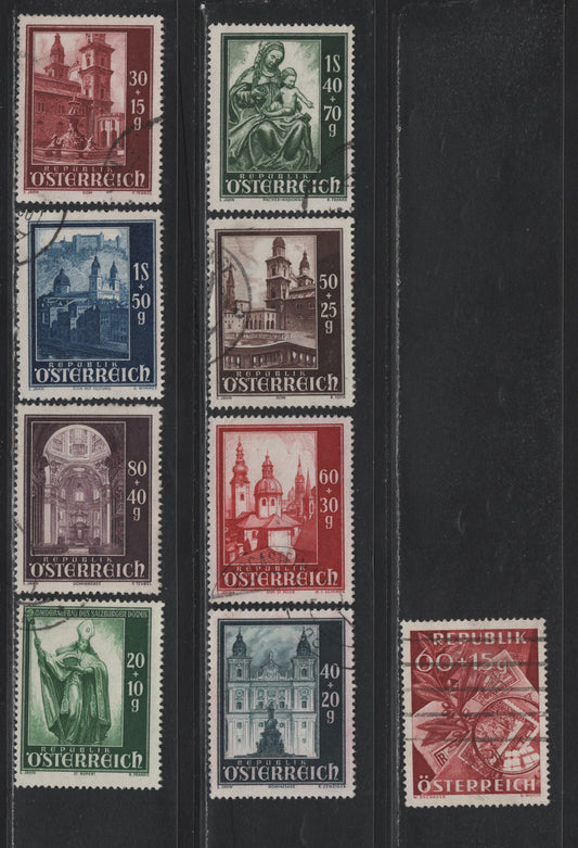 Lot 310 Austria Scott#B252-B259, B268 20g+10g - 60g+15g Deep Green - Dark Red , 1948-1949 Reconstruction of Salzburg Cathedral - Stamp Day Issues, 9 Fine/Very Fine Used Singles