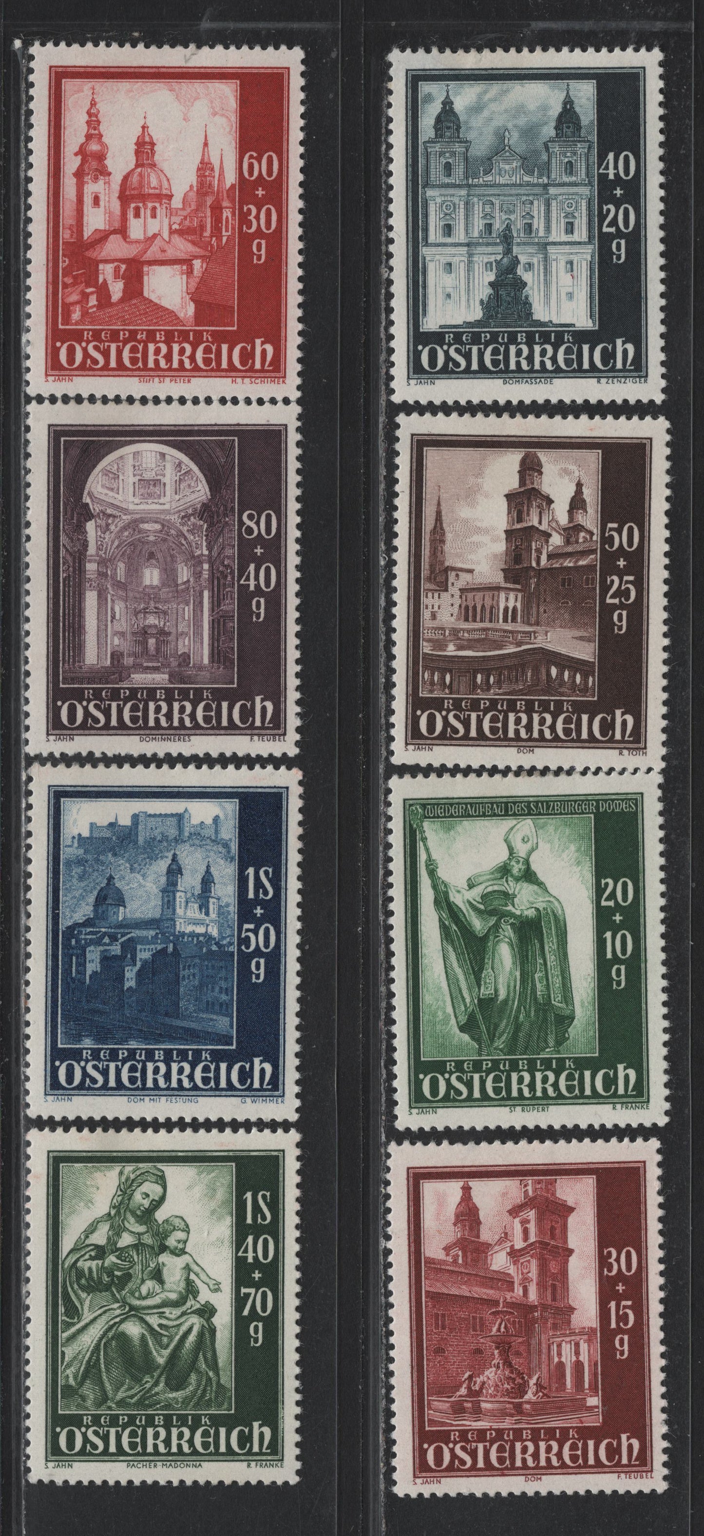 Lot 313 Austria (C) Scott#B252-B259 20g+10g - 1.40s+70g Deep Green - Dark Green , 1948 Salzburg Cathedral Issue, 8 VFOG Singles, B254-B255 Have Corner Thins And Are Not Counted