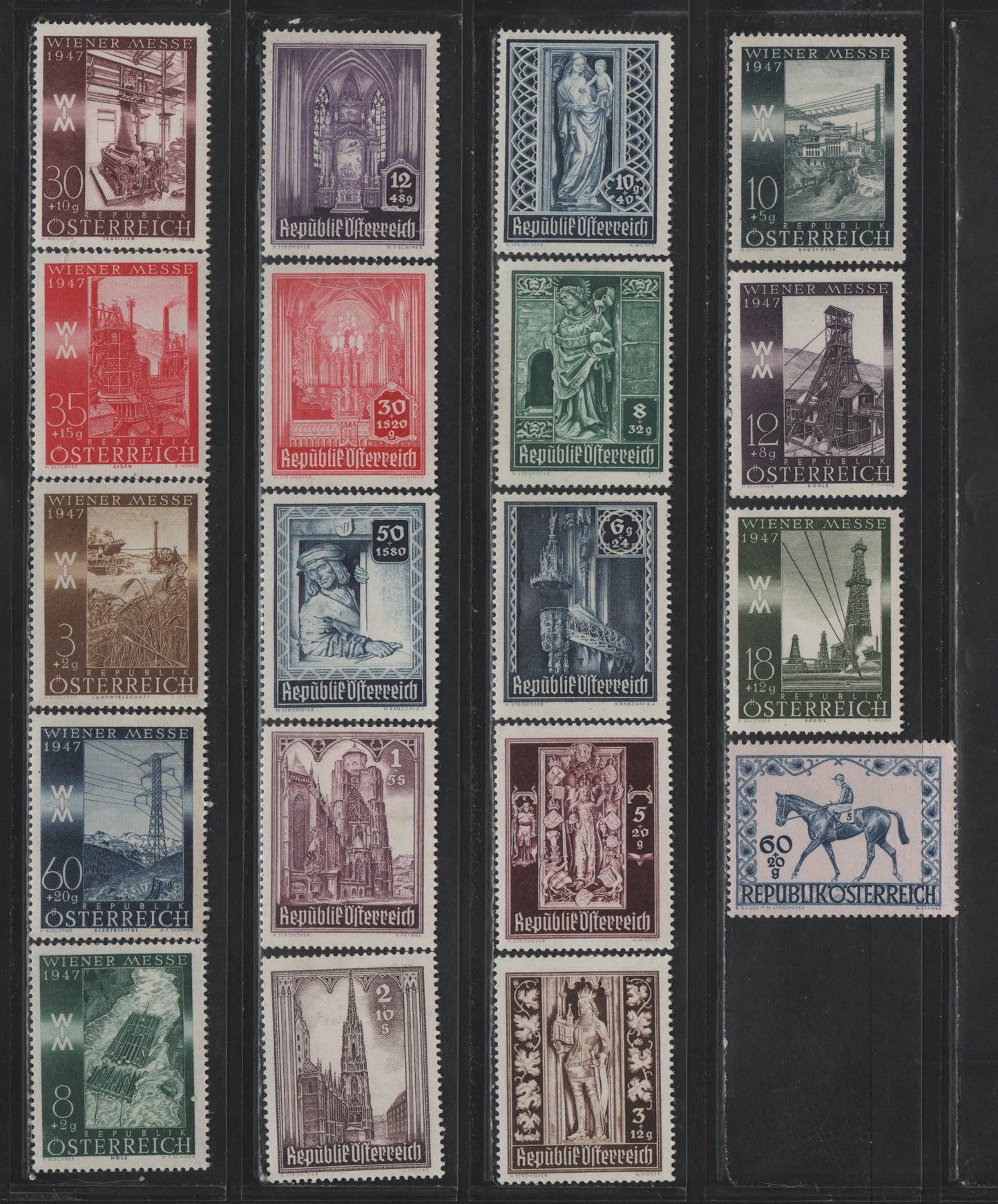 Lot 316 Austria Scott#B189-B207 3g+12g - 60g+20g Brown - Deep Blue on Pale Pink , 1946-1947 Reconstruction of St Stephens Cathedral - Race Horse & Jockey Issues, 19 F/VFOG/NH Singles, B207 Is NH